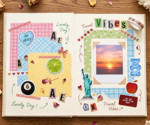 Scrapbook Supplies Kit 12 Sheets 6x6 Inch Scrapbook Paper 4 Letter Sticker Sheets 10 Washi Tape 8 Decorative Sticker Sheets for Scrapbooking Journaling Diary and Junk Journal Crafts (Girly) - Image 3