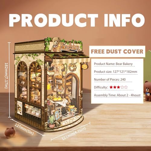 Book Nook Kit,DIY Miniature House kit,3D Puzzle Dollhouse Bookshelf Decor,Store Theme Booknook with LED Light Dust Cover,Gifts for Adults Teens and Beginners - Bear Bakery (SQ-65) - Image 2