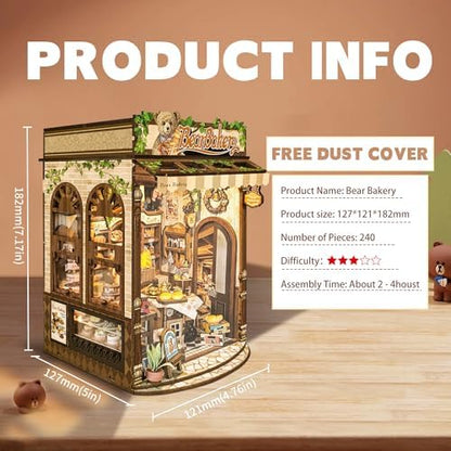Book Nook Kit,DIY Miniature House kit,3D Puzzle Dollhouse Bookshelf Decor,Store Theme Booknook with LED Light Dust Cover,Gifts for Adults Teens and Beginners - Bear Bakery (SQ-65) - Image 2