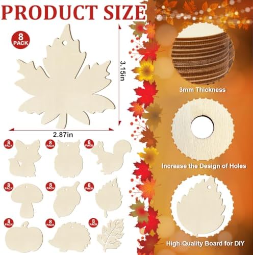 80PCS Wooden Fall Ornaments to Paint Thanksgiving Decorations, 10 Styles DIY Blank Autumn Unfinished Wood Maple Leaves Turkey Pumpkin Halloween Cutouts Ornament for Crafts Birthday Party Gifts Hanging - Image 2