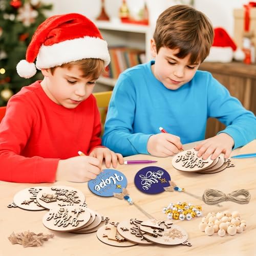 WATINC DIY 3D Christmas Ornaments Kit to Paint - 12 Styles Unfinished Wooden Hanging Decor with Raised Designs, Includes Paint Pens, Bells, Bows & Beads, Xmas Tree Crafts for Kids & Adults(Nativity) - Image 4