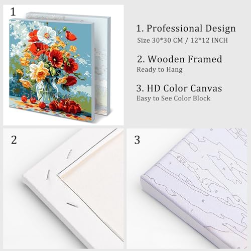 Natuyalo Framed Paint by Number Kits for Adults Beginners, Flowers in Vase Easy Acrylic Adult Paint by Number Kits, Cherry DIY Painting by Numbers Kits with Frame Ideal Gift 12x12 Inch - Image 4