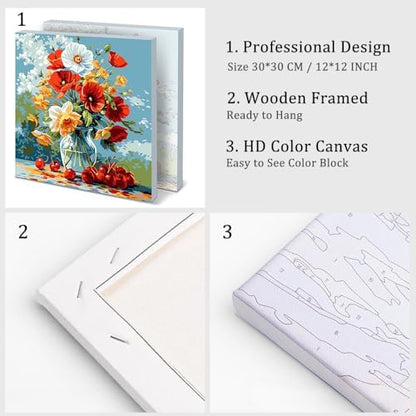 Natuyalo Framed Paint by Number Kits for Adults Beginners, Flowers in Vase Easy Acrylic Adult Paint by Number Kits, Cherry DIY Painting by Numbers Kits with Frame Ideal Gift 12x12 Inch - Image 4