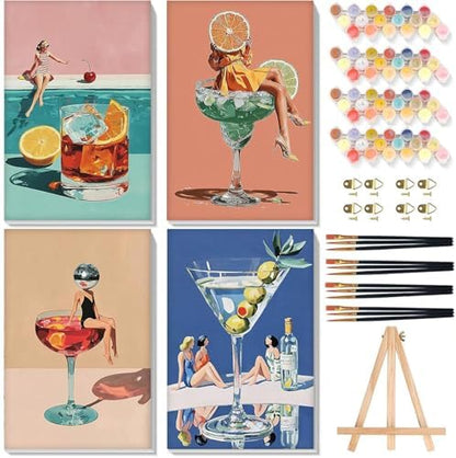 4 Pcs Cocktail Paint by Numbers for Adults with Frame Canvas - Wooden Easel by xackcme