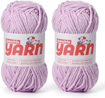 2 Pack Plush Chunky Chenille Yarn for Crocheting, Soft Fluffy Velvet Yarn for Crocheting Amigurumi, Fuzzy Baby Blanket Knitting 200g/262yds Bulky(2 Light Purple) by Sekafris