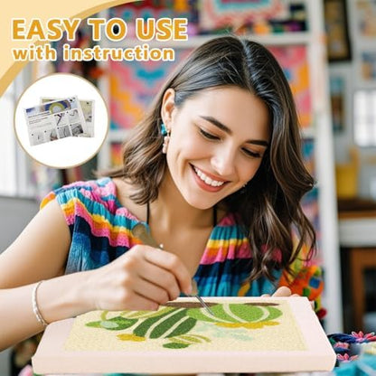 Doodlream Cartoon Cactus DIY Punch Needle Embroidery Kit for Adult Beginner, 9.4" Cactus Punch Stitching Craft Set for Starter with Frame, Fabric Pattern, Threader, Yarn, Pinch Needle - Image 3