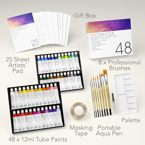 CHROMATEK Watercolor Paint Set - 84 Piece Kit for Adults, Beginner & Professional Artists - 48 Tubes (12ml), 25 Page Sketch Paper Pad, 8 Painting Brushes, Aquapen, Palette, Masking Tape - Art Supplies - Image 2