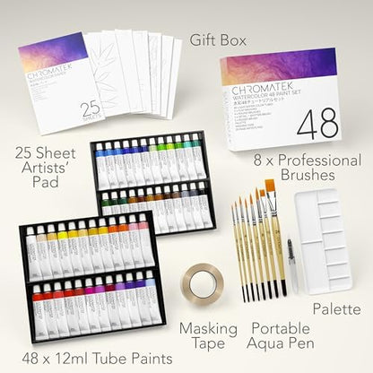 CHROMATEK Watercolor Paint Set - 84 Piece Kit for Adults, Beginner & Professional Artists - 48 Tubes (12ml), 25 Page Sketch Paper Pad, 8 Painting Brushes, Aquapen, Palette, Masking Tape - Art Supplies - Image 2