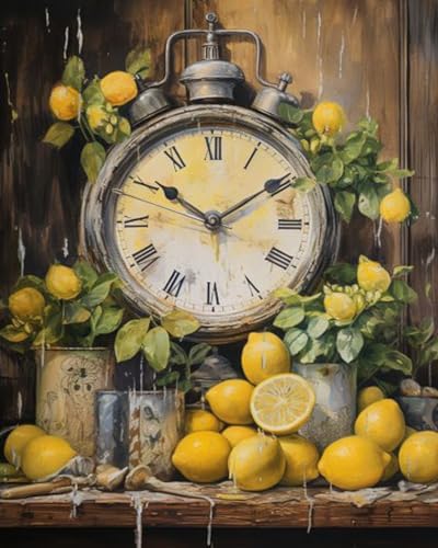 Farmhouse Kitchen Clock with Lemons Oil Painting Paint by Number Kits 16 x 20 inch Canvas Rustic Painting DIY Painting for Kids Students Adults Beginner with Brushes Acrylic Pigment(DIY Frame) - Image 2