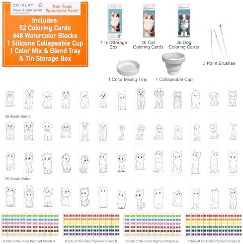 COIPLAY Watercolor Craft Kit, Paint Set, 648 Color Blocks, 52 Coloring Bookmarks, Meow & Bark Cat Dog Theme, Travel Gift for Kids & Adults - Image 4