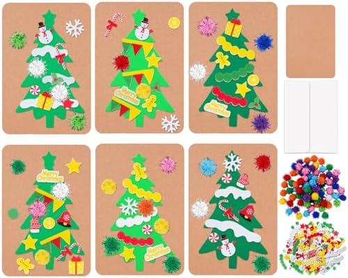 Whaline 420 Pcs Christmas Card Making Craft Kit with Xmas Tree Pom Pom Stickers & Envelopes Handmade Invitation Greeting Card Supplies for Holiday DIY Crafts Party Decor by Whaline