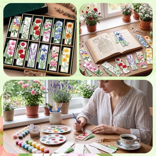 Kosiz 12 Pcs Flower Paint by Number Kit for Adult Wood Bookmark - Image 5