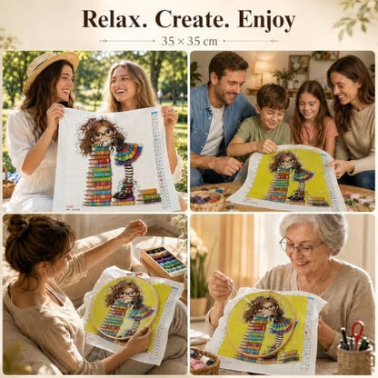 Cute Woman with Books Stamped Cross Stitch Kits for Beginner 13.7x13.7 Inch - Image 7