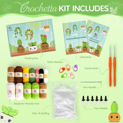 Crochetta Crochet Kit for Beginners, Crochet Starter Kits for Adults, Amigurumi Craft Knitting Crocheting Kits with Step-by-Step Video Tutorials, 6 Pc Hanging Potted Plants Family(40%+ Yarn - Image 3