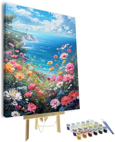 TUMOVO Flower Framed Paint by Numbers Kit for Adults Beginner, Sea Adult Paint by Number Kits on Canvas, Coastline Scenery Oil Painting for Gift Home Decor, Acrylic Drawing Paint Kits 16"x20" by TUMOVO