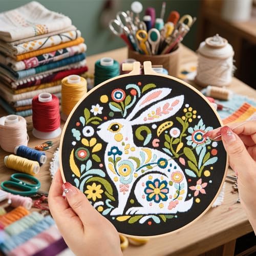 Crafmanoe Embroidery Kits for Beginners Adults, Flowers Rabbit Embroidery Starter Kits, Counted Cross Stitch Kits for Beginners Adults Hobbies Set for Women, Embroidery Hoops, Thread & Video Tutorial - Image 2
