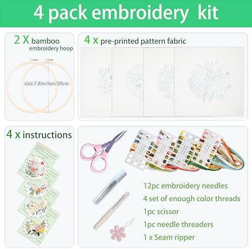 SevFan 4 Sets Embroidery Kit for Beginners Adults,Needlepoint Kits for Adults with Easy Stamped Floral Pattern Fabric Hand Crafts,Bamboo Hoop,Needle,Cloth,Embroidery Kit for Decor Home Room(Flower-8) - Image 2