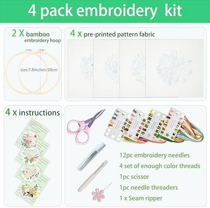 SevFan 4 Sets Embroidery Kit for Beginners Adults,Needlepoint Kits for Adults with Easy Stamped Floral Pattern Fabric Hand Crafts,Bamboo Hoop,Needle,Cloth,Embroidery Kit for Decor Home Room(Flower-8) - Image 2