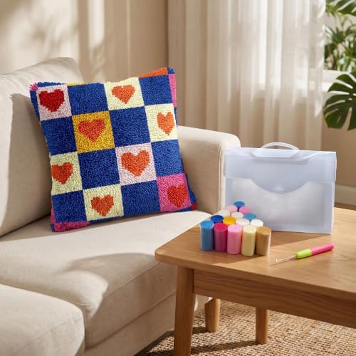 Latch Hook Kits for Adults Beginner,17x17 inch Butterfly Floral DIY Crochet Pillow Cover Kit Pre-Printed Pillowcase Hook and Latch Kit Needlework Cushion Cover for Home Sofa Decor (Grid Heart) - Image 3