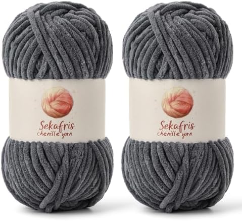 Chenille Yarn for Crocheting Size 5 Bulky Yarn 2 Pack Dark Gray by Sekafris