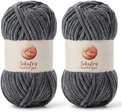 Chenille Yarn for Crocheting Size 5 Bulky Yarn 2 Pack Dark Gray by Sekafris