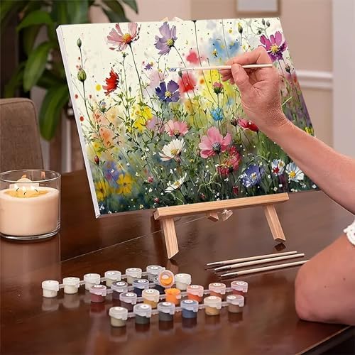 MaiMMaledy Paint by Numbers Kit for Adults Beginners 8Wx12L inch Canvas Pictures with Framed Drawing Painting Works with Wooden Triangle Easel Acrylic Pigment Flower - Image 2