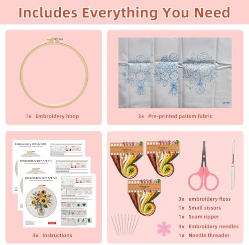 Herdiese Embroidery Kits for Beginners & Adults, 3 Sets Sunflower Patterns - Image 2