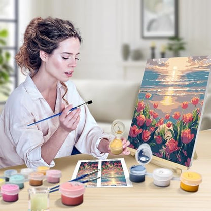 JOOZ Paint by Numbers Kit for Adults with Frame, Flowers Paint by Numbers for Adults, Seaside Sunset Paint by Number with Easel, DIY Tulip Oil Painting Kit for Home Wall Decor 8 x 12 Inch - Image 4