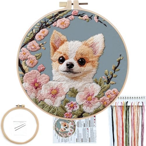 FONNUY Chihuahua Dog Floral Embroidery Kit, Cross Stitch Kits for Beginners, Handmade Crafts with Printed Patterns for Beginner Adults, Easy to Follow Color Thread Needlework, 8'' Hoop (Petite Dog) by FONNUY