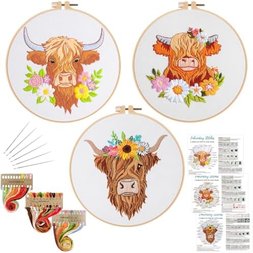 Louise Maelys 3 Set Highland Cow Embroidery Kit for Beginners Floral by LouiseMaelys