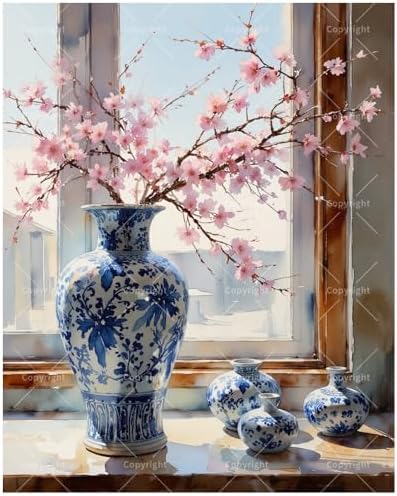 Cherry Blossom Vase Paint by Numbers Kit for Adults - DIY Blue Porcelain with Pink Flowers Painting on Canvas, Acrylic Paint Set for Beginners, Art for Home Decoration or Gifts(16X20IN Framed) by Unknown
