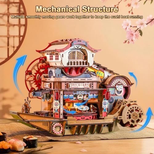 DIY Miniature House Kit, Japanese Dollhouse 3D Wooden Puzzles for Adults with Music & LED Lights, 425PCS Sushi Boat Mechanical Moving Model, Home Decor Building Craft Birthday - Image 5