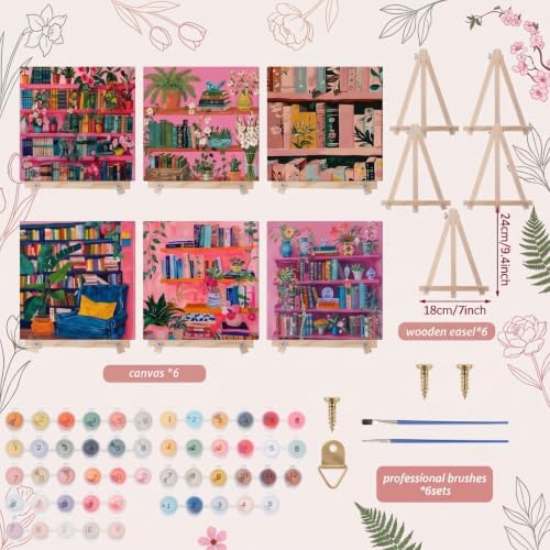 YooNotee 6 Pack Paint by Numbers Kit for Adults Pink Bookshelf Adult Paint by Number Kits for Women on Canvas Book DIY Acrylic Painting on 8x8 Inch Canvas with Wooden Easels & Brushes, Home Wall Decor - Image 3