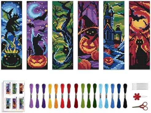 ACRNIGHEET 6PCS Cat Cross Stitch Bookmark Kit DIY Halloween Bookmarks Cross Stitch Kit for Adult Beginners Pumpkin Cross-Stitch Stamped Kits 8.7x3.1inch Stamped Embroidery Bookmark with Instructions by ACRNIGHEET