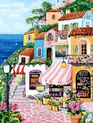 Coastal Village Town Paint by Numbers Kit for Adults Canvas, Frameworkless by FairylandJinWenn