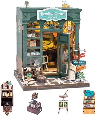 DIY Miniature Dollhouse Book Nook Kit – Reading Corner Bookshop Bookshelf Insert with LED Lights, Tiny House Model for Adults & Teens, Booknook Library Home Decor & Gift Idea for Family and Friends by OTIOTHING