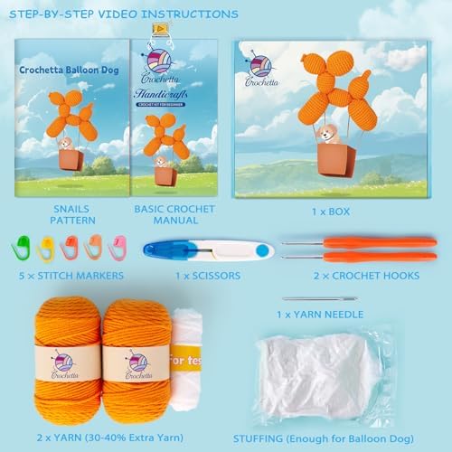 Crochetta Crochet Kit for Beginners, Crochet Kit w Step-by-Step Video Tutorials, Crochet Starter Kit Learn to Crochet Kits for Adults Kids Beginners, Vibrant Orange Balloon Dog (40%+ Yarn Content) - Image 3