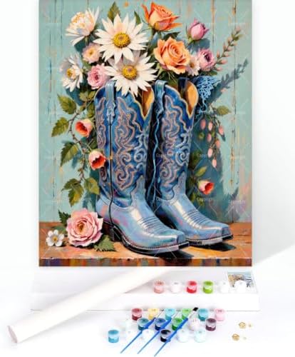 Sceorixa Western Paint By Numbers Kit for Adults - DIY Blue Cowboy Boots with Flowers Painting On Canvas, Acrylic Paint Set, Suitable for Beginners, Art for Home Decoration Or Gifts(8X12IN Framed) - Image 3