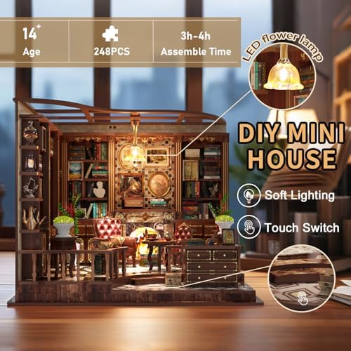 Parisian Library Book Nook DIY Kit - 3D Wooden Study Model with Touch-Sensor LED Light, Vintage Bookshelf Decor for Adults - Image 6