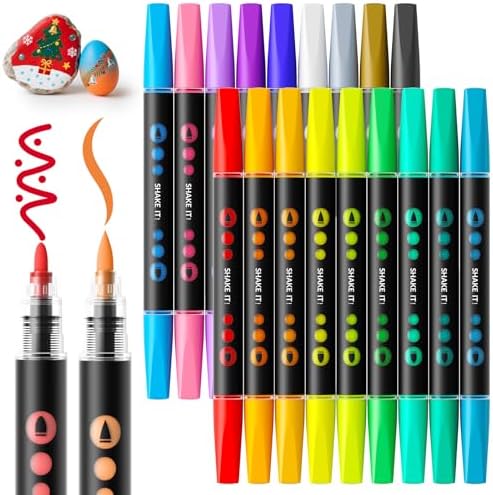 SUNEE 18 Colors Acrylic Paint Markers, Dual Tip Bullet & Brush Paint Pens with Automatic Ink Control System, Art Supplies for Adults & Teens, for Rock, Wood, Canvas, Glass Creative Projects by SUNEE