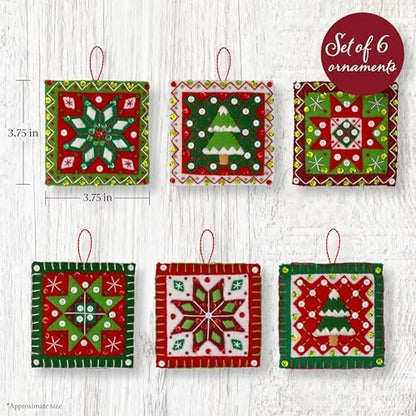 Bucilla Felt Applique 4 Piece Ornament Making Kit, Holiday Quilt Squares, Perfect for DIY Arts and Crafts, 89753E - Image 2