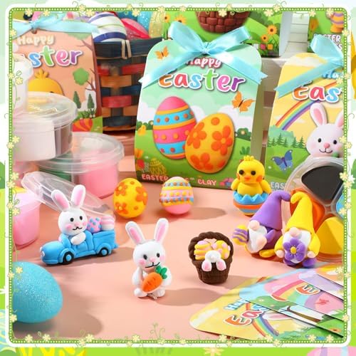Capoda 18 Sets Easter Craft Kits Gifts for Kids Easter Air Dry Clay Kit Bunny Eggs DIY Modeling Clay with Tutorials Art Crafts for Kids Party Favors Basket Stuffers Classroom Prizes Fun Activities - Image 6