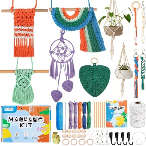 Ecoofor Macrame Kits for Beginners with 366 Feet 3 mm Macrame Cotton Cord, DIY Plant Hanger Kit with Supplies and Instructions, Macrame Beads, Wooden Rings, Dream Catcher Rings by Ecoofor