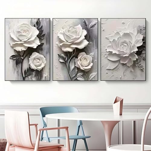 GEMOUJ 3 Packs Flower Paint by Numbers Kit for Adults - White Rose Adult Paint by Number Kits on Canvas for Beginner, DIY Painting by Numbers Kit,for Home Wall Decor 12 x 16 Inch - Image 4