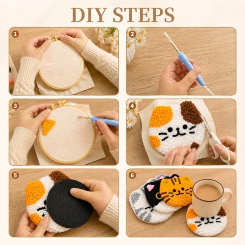 HGUANGJ Punch Needle Kit for Beginners Adults, Cat Coasters Kit with Adhesive Felt, Yarns, Embroidery Hoop for DIY Craft - Image 2