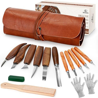 Wood Carving Tools, 15Pcs Wood Carving Kit with PU Storage Bag, Wood Whittling Kit with 6Pcs Whittling Knives & 5 Detail Carving Knives for Adults Wood Carving DIY by KKERNOWO