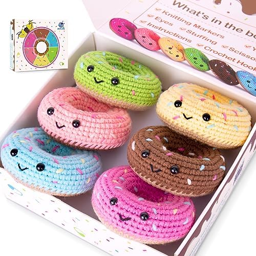 Crochet Kit for Beginners, Beginner Crochet Starter Kit w Step-by-Step Video Tutorials, Learn to Crochet Kits for Adults & Kids, DIY Knitting Supplies, 6-Pack Donut Family(40%+ Yarn Content) by Crochetta