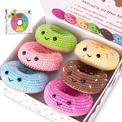 Crochet Kit for Beginners, Beginner Crochet Starter Kit w Step-by-Step Video Tutorials, Learn to Crochet Kits for Adults & Kids, DIY Knitting Supplies, 6-Pack Donut Family(40%+ Yarn Content) by Crochetta