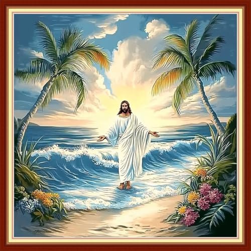 Redxing Stamped Cross Stitch Kits Embroidery kit for Beginners Adults Full Range of Embroidery Patterns Starter Kits DIY Printed Cross Stitch Kits Needlepoint Kits 11CT-Jesus Coconut Tree 18x18 inchs by RedxingStampedCrossStitchK