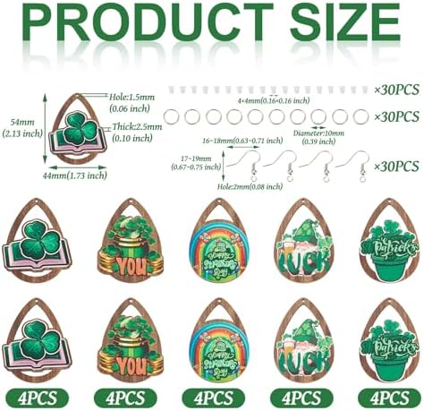 EEE ELECRELIVE 20Pcs St. Patrick's Day Earring Charms Wooden Dangle Earrings Green Leaf Wood Earrings Teardrop Wood Pendants Shamrock Charms with Earring Hooks for Women Jewelry - Image 5